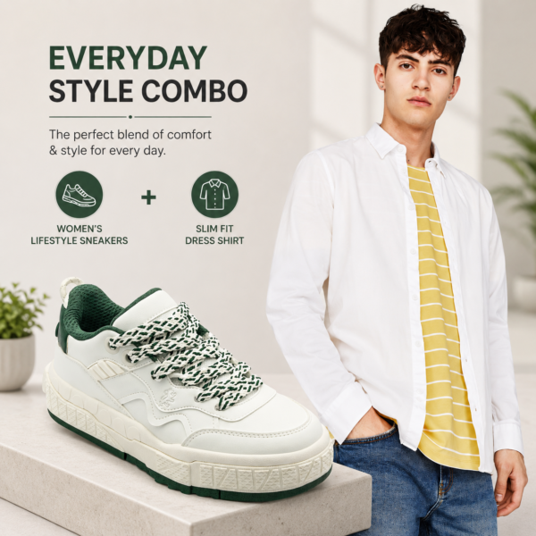 Everyday Fashion Combo – Women’s Lifestyle Sneakers & Slim Fit Dress Shirt